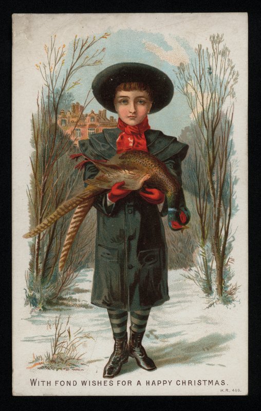 キジを持つ少年、クリスマス・グリーティング・カード。(クロモリト) 作： 英語学校