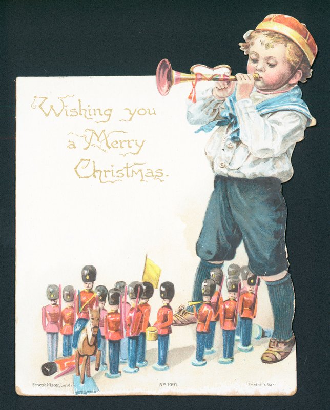 おもちゃの兵士と遊んで、トランペット、クリスマスカードを吹く少年 作： 英語学校