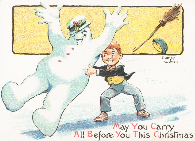 氷、クリスマスカードに雪だるまを押す少年 作： 英語学校