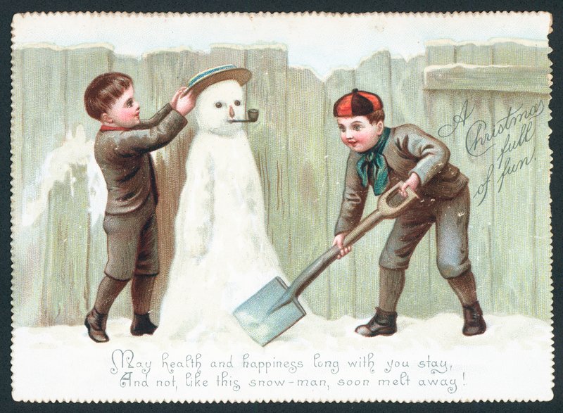 雪だるま、クリスマスカードを構築する男の子 作： 英語学校
