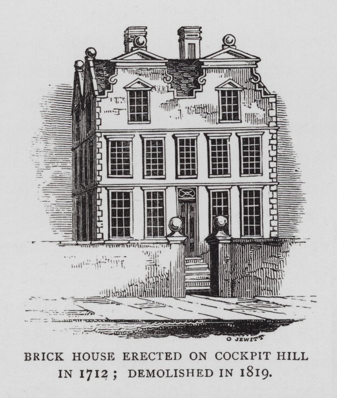 1712年にコックピットヒルに建てられたレンガ造りの家、1819年に取り壊された（彫刻 作： 英語学校