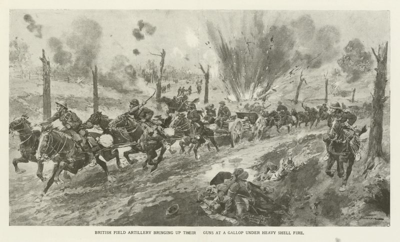 第一次世界大戦の重砲撃の下でギャロップに銃を持ち込んだイギリス野戦砲 作： 英語学校