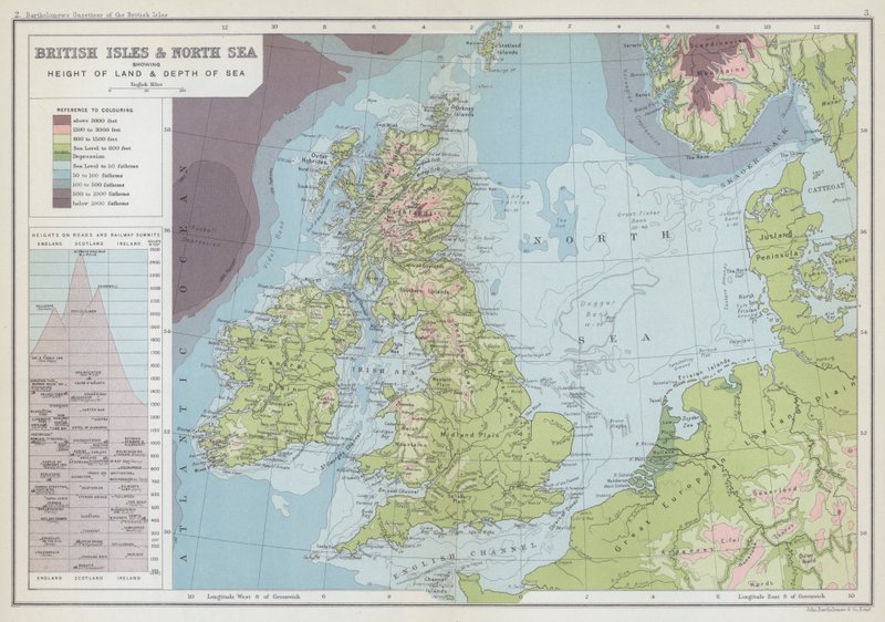 陸地の高さと海の深さを示すイギリス諸島と北海（カラーリトグラフ） 作： 英語学校