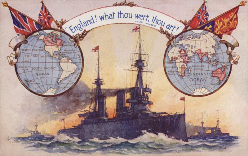 イギリスの戦艦と大英帝国の地図と旗（カラーリトグラフ） 作： 英語学校