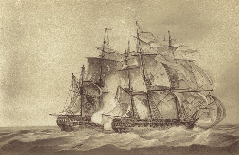 1796年6月、フランスのフリゲート艦タミーズを捕らえたトーマス・バイアム・マーティン艦長のイギリスのフリゲート艦HMSサンタ・マルガリータ（リトグラフ 作： 英語学校