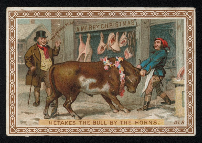 雄牛を店に引き入れる肉屋、クリスマス・グリーティング・カード。(クロモリト) 作： 英語学校