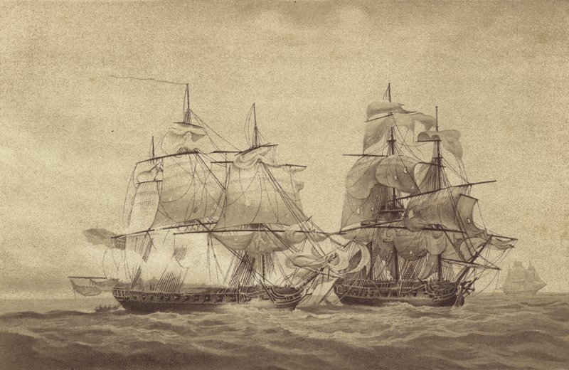 1798年10月20日、フランス・ブレスト沖でのトーマス・バイアム・マーティン艦長が指揮するイギリスのフリゲート艦HMSフィスガードによるフランスのフリゲート艦l