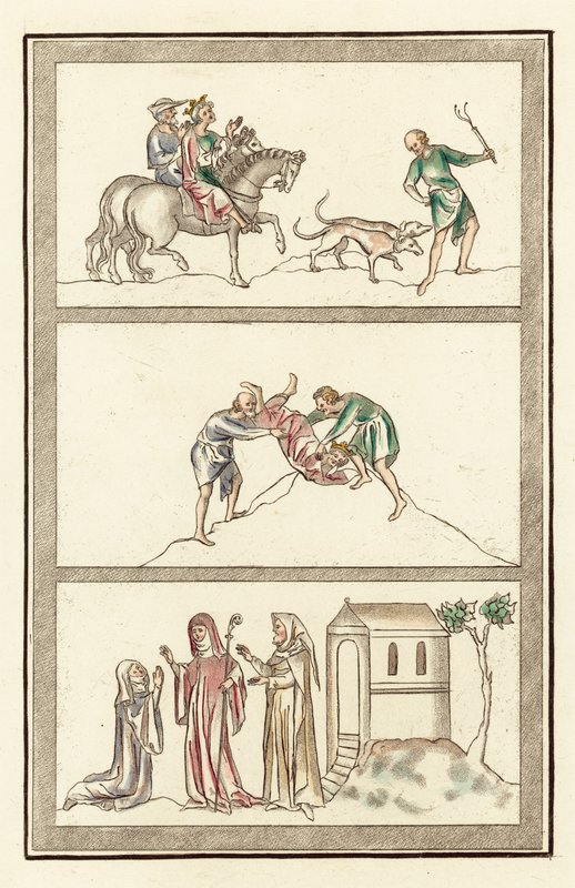 メルキア王セネルム、狩猟、王の殺害、アベス、修道女、アンカライト（彩色彫刻版 作： 英語学校