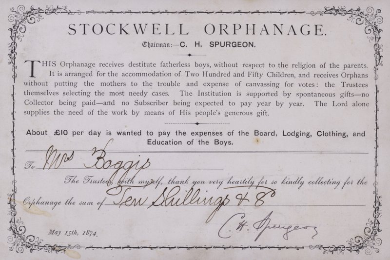 ロンドンのストックウェル孤児院への寄付に対する感謝状（1874年） 作： 英語学校