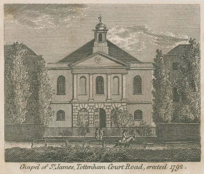 セントジェームズ礼拝堂、トッテナムコートロード、ロンドン、1792年に建立 作： 英語学校