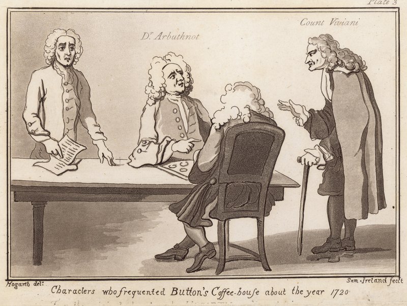 1720年代にButtons Coffee Houseを頻繁に訪れたキャラクター：Arbuthnot博士、Viviani伯爵 作： 英語学校
