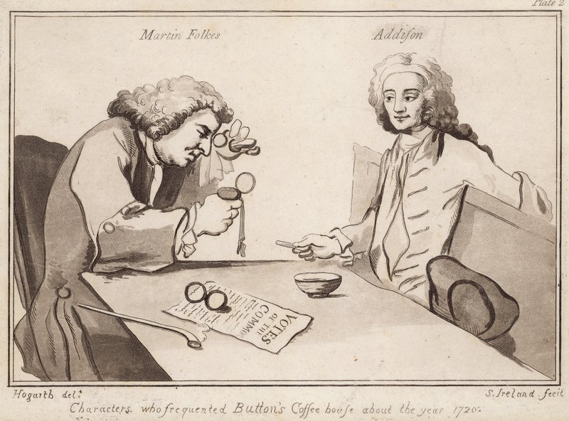 1720年代にButtons Coffee Houseを頻繁に訪れたキャラクター。マーティン・フォークス、アディソン 作： 英語学校
