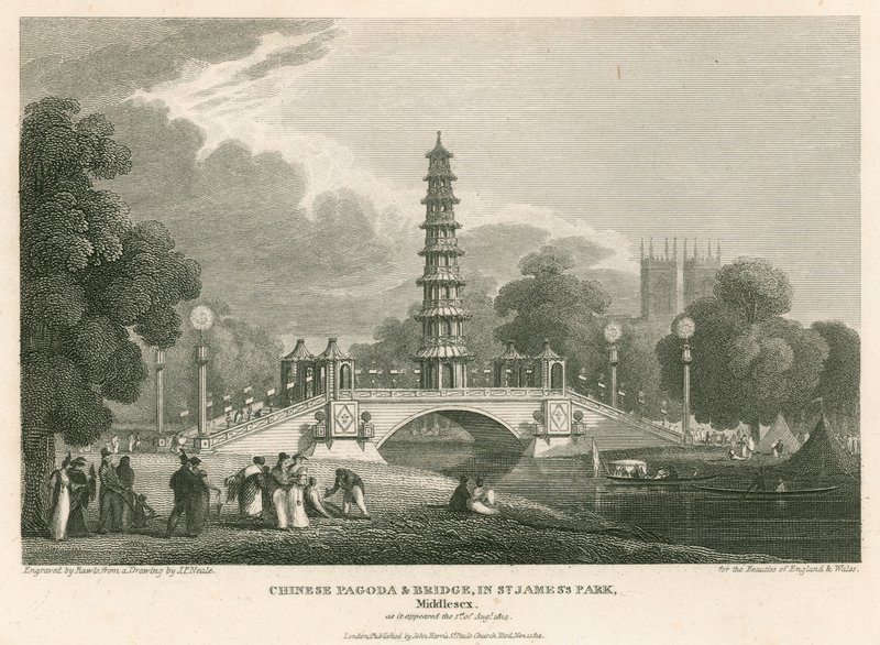 1814年8月1日に登場した中国の塔と橋、ロンドンのセントジェームスパーク 作： 英語学校