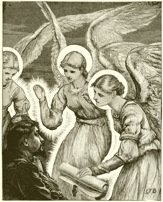 クリスチャンと天使たち。見よ、輝く3人が彼のところにやって来て、彼に敬礼した 作： 英語学校