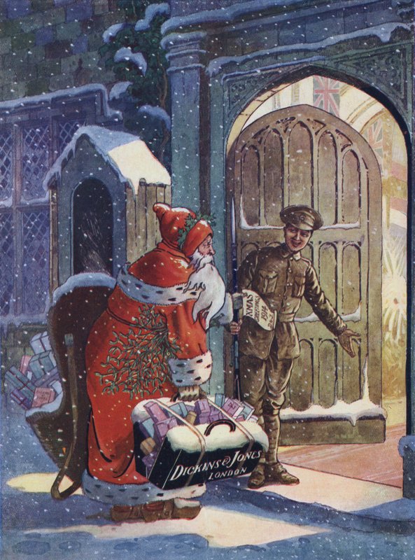 第一次世界大戦の兵士のためにサンタクロースがプレゼントを持ってくるクリスマス広告（カラーリトグラフ 作： 英語学校