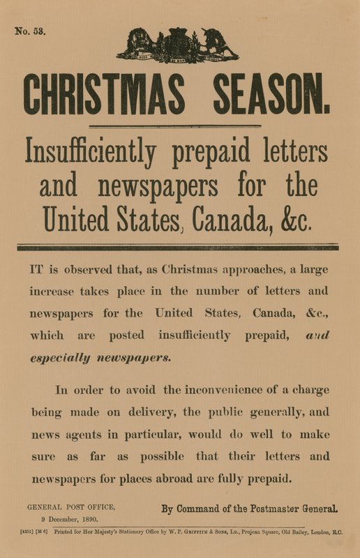 1890年12月9日、郵便局長の指揮によるクリスマス郵便料金の通知 作： 英語学校