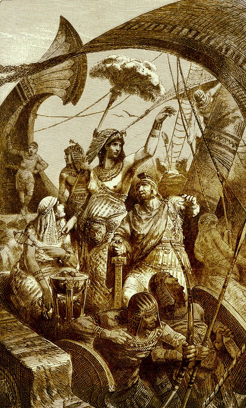 アクティウムの戦いでのクレオパトラ、イラストレイテッドヒストリーオブザワールドのイラスト、c.1880（デジタル拡張画像）クレオパトラVII（紀元前69-30）、最後の古代エジプトのファラオ。バトルo 作： 英語学校