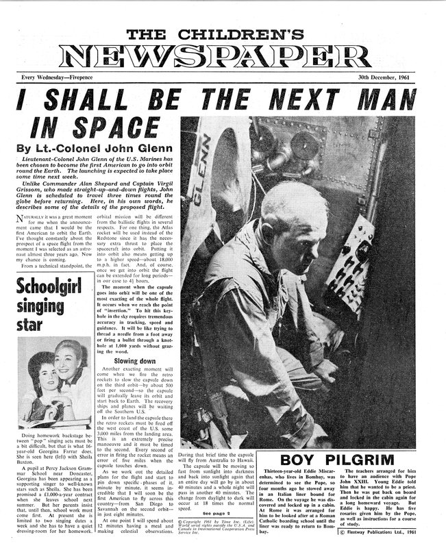 ジョン・グレン大佐、「子供新聞」のフロントページ、1961（新聞） 作： 英語学校