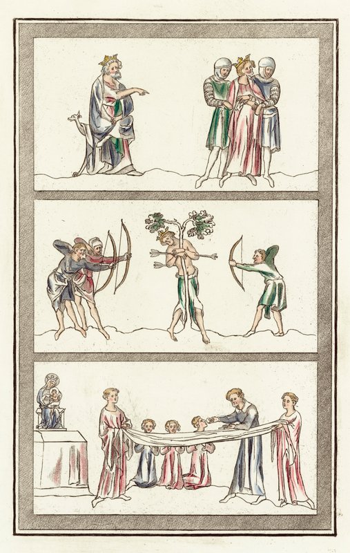 エドモンドの断罪、エドモンド王の死、主の晩餐の秘跡（彩色彫刻版 作： 英語学校