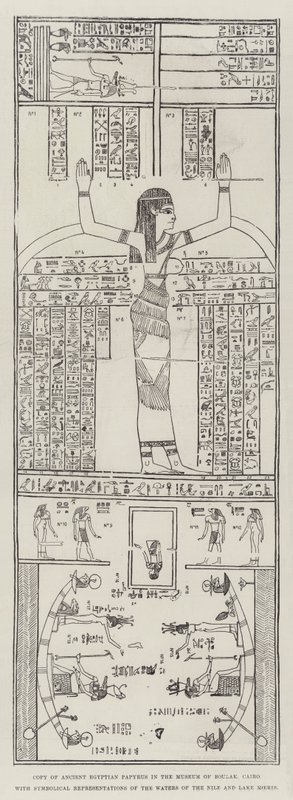 カイロのブーラック博物館にある古代エジプトのパピルスの写し。ナイル川とモエリス湖の水が象徴的に描かれている（彫刻 作： 英語学校