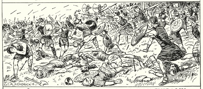 AD500年、サマセット州マウント・ブドンでの西サクソン人の敗北（リトグラフ 作： 英語学校