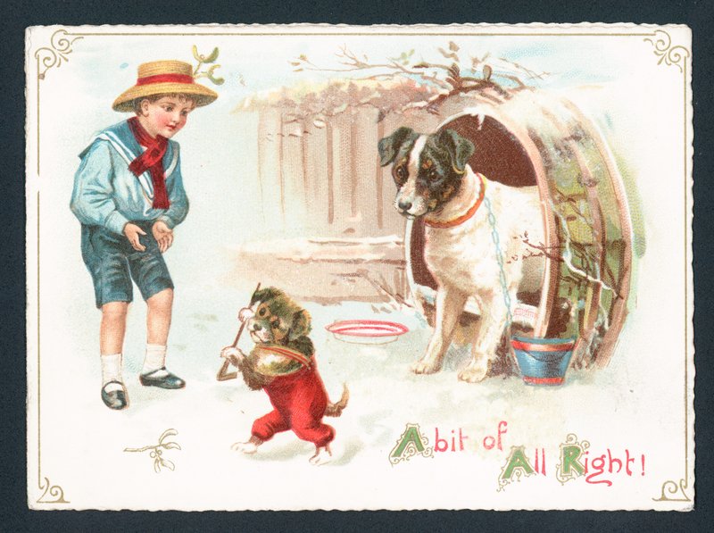 犬、子犬、雪の中で遊ぶ男の子、クリスマスカード 作： 英語学校