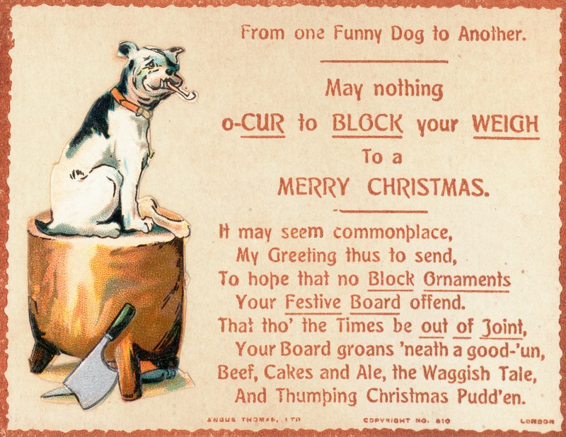 チョッピングブロック、クリスマスカードに座っている犬 作： 英語学校