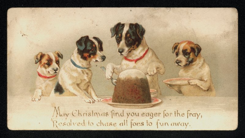 クリスマスプディングを盛る犬たち、グリーティングカード。(chromolitho) 作： 英語学校