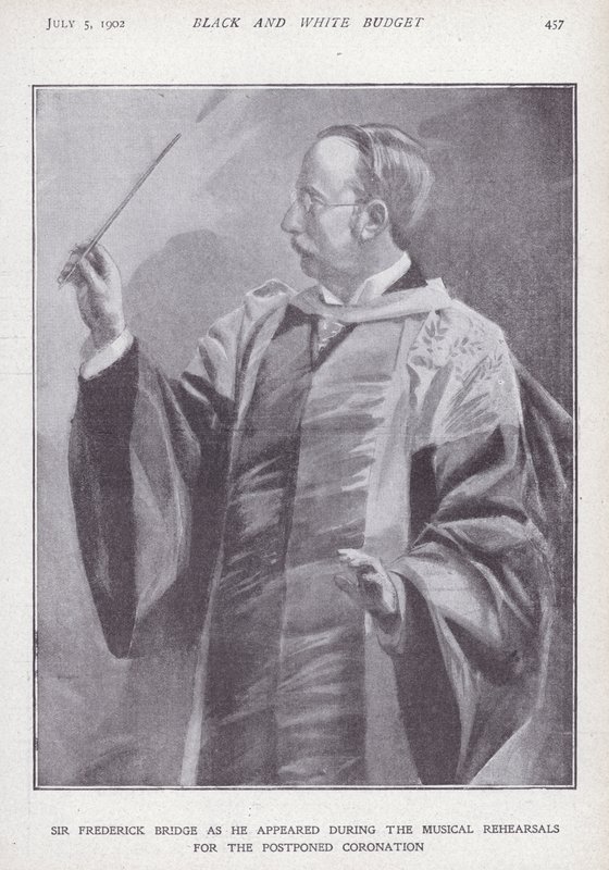イギリスの作曲家、オルガン奏者、指揮者であるサー・フレデリック・ブリッジが、延期されたエドワード7世の戴冠式のためにリハーサルを行っていた。 作： 英語学校