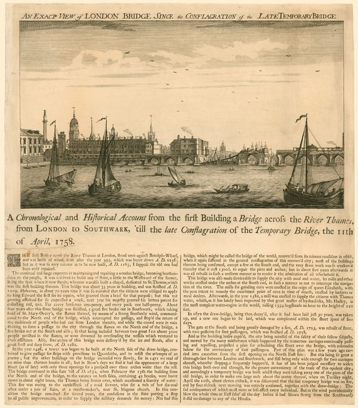 1758年4月11日の臨時の橋の大噴火以来のロンドン橋の正確な眺め 作： 英語学校