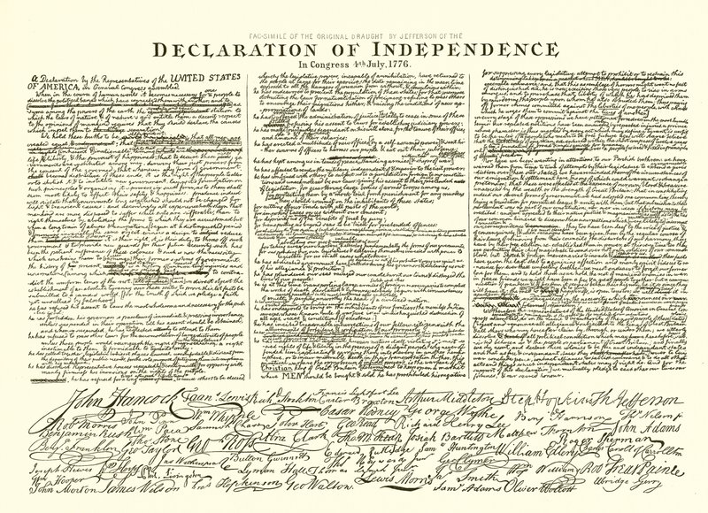 1776年7月4日の議会における独立宣言のトーマスジェファーソンによる原案のファクシミリ 作： 英語学校