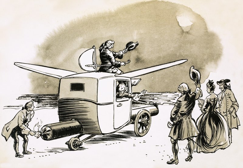 月への架空のフライトには、ガチョウが引くか、花火で動く車が含まれていました 作： 英語学校