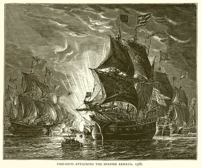 1588年のスペイン艦隊を攻撃する消防船 作： 英語学校