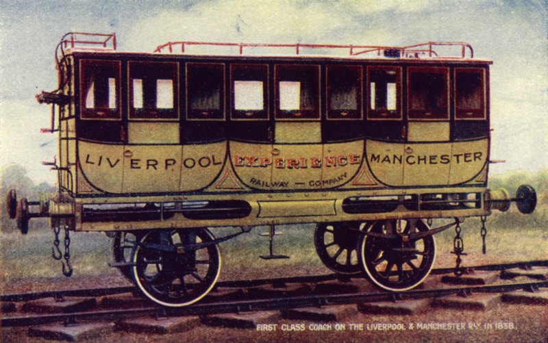 1838年のリバプール・マンチェスター鉄道の一等車（カラーリトグラフ 作： 英語学校