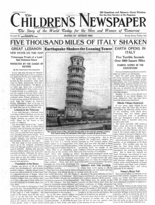 1920年9月、新聞「The Children&39;s Newspaper」の最初のページにある、5000マイルのイタリアの揺れ 作： 英語学校