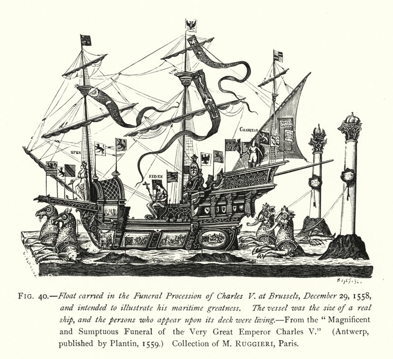 1558年12月29日にブリュッセルで行われたシャルル5世の葬儀の行列で運ばれたフロート、シャルル5世の海の偉大さを示すためのもの（エングレービング 作： 英語学校