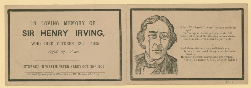 1905年10月13日に亡くなった俳優のヘンリーアーヴィング卿の死去を記した折りたたみカード 作： 英語学校