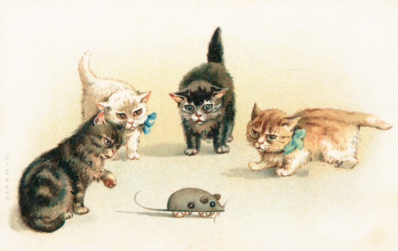 時計じかけのマウスで遊ぶ4匹の子猫 作： 英語学校