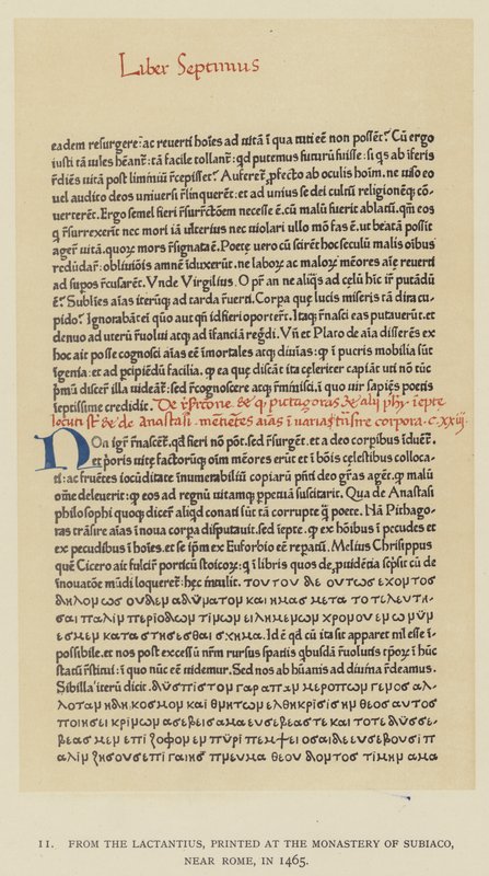 1465年にローマ近郊のスビアコ修道院で印刷された『ラクタンティウス』より（リトグラフ版 作： 英語学校