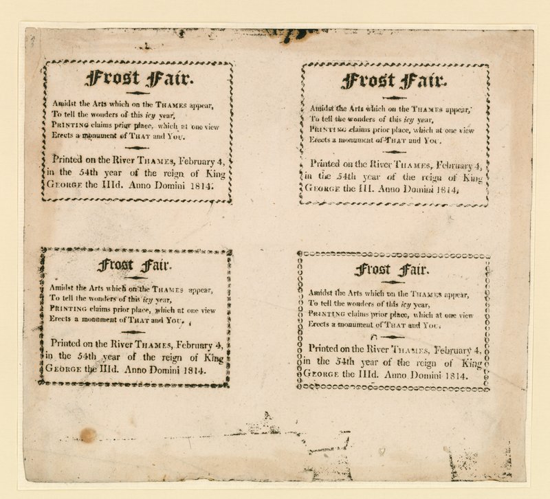 1814年のフロストフェア。氷の上に記念品が印刷されています。 作： 英語学校