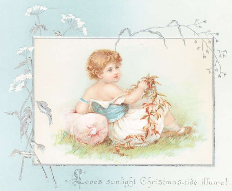女の子の葉、クリスマスカードと草でリラックス 作： 英語学校