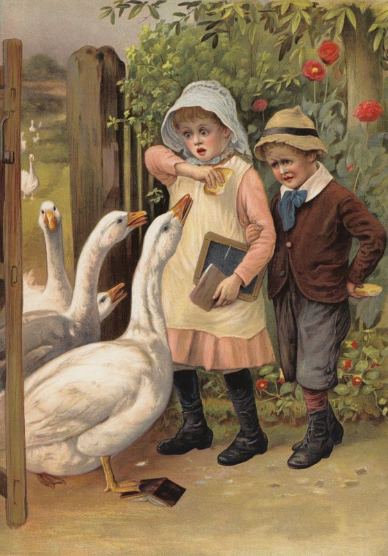 餌を求めて子供たちを追いかけるガチョウ (クロモリソ) 作： 英語学校
