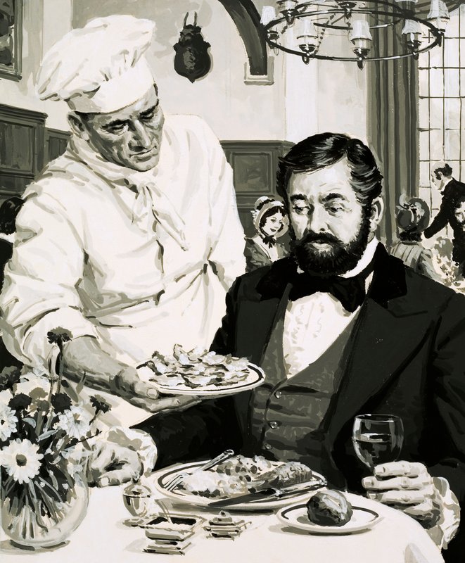 ポテトクリスプの発明者であるジョージ・クラムが彼の作品を発表 作： 英語学校