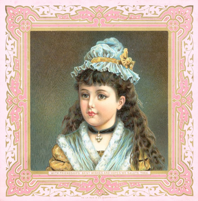モップ帽子とショール、クリスマスカードの女の子 作： 英語学校