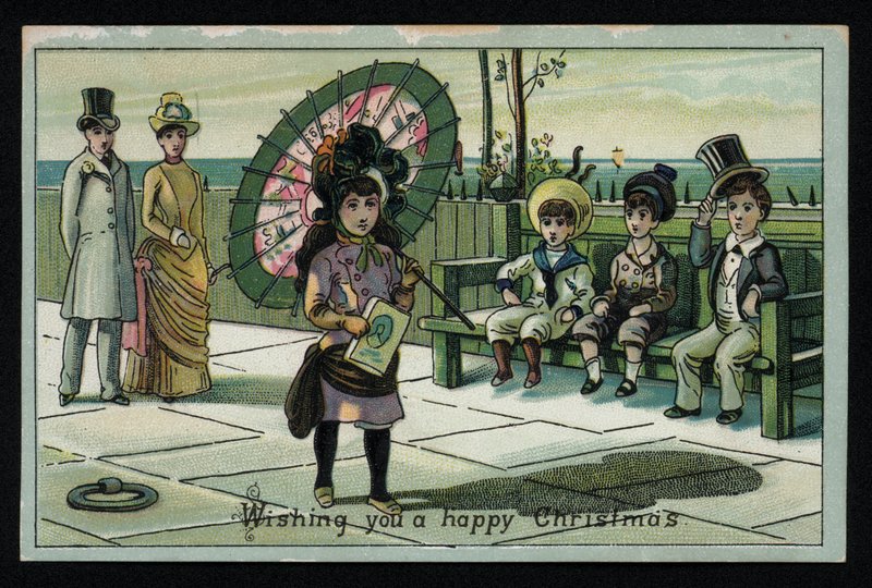 海辺のプロムナードを歩く大きなパラソルを持った少女、クリスマスのグリーティングカード。(クロモリト) 作： 英語学校