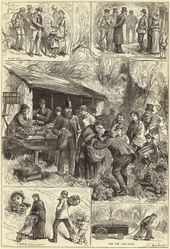 ビクトリアパークでロンドンの貧しい人々に植物を配る 作： 英語学校