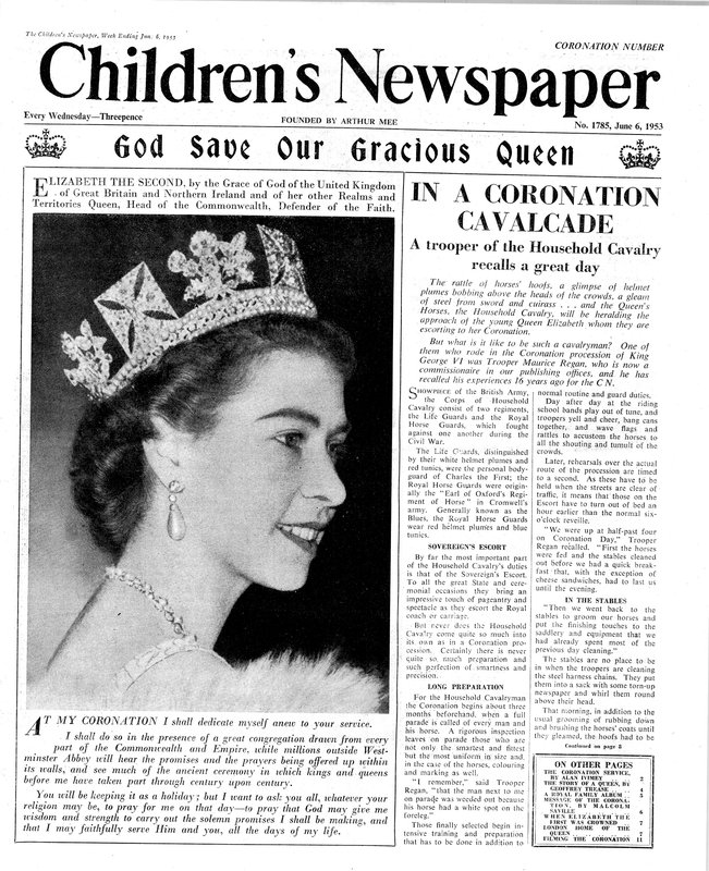 神は私たちの優雅な女王を救いました、 &39;The Children&39;s Newspaper&39;の最初のページ、1953年（新聞） 作： 英語学校