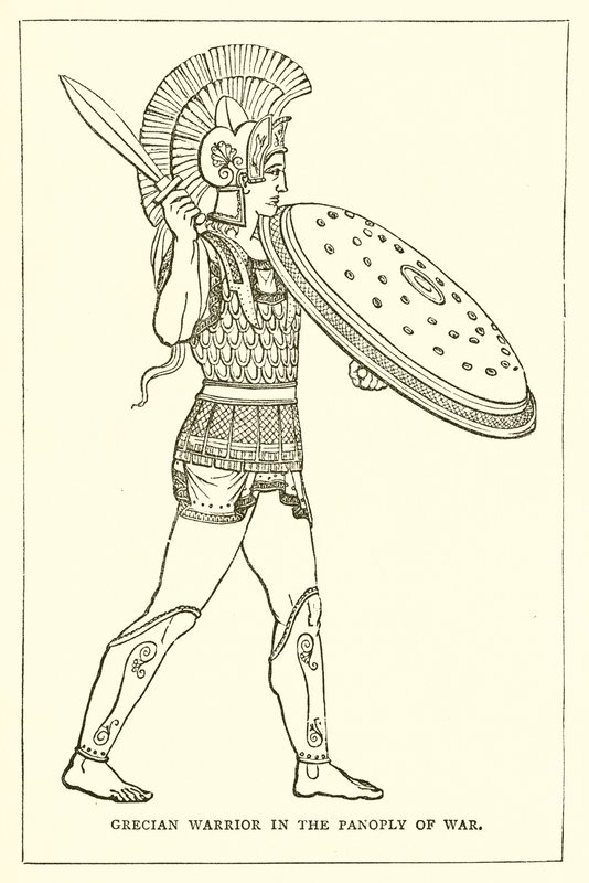戦争のパノラマでのギリシャの戦士 作： 英語学校