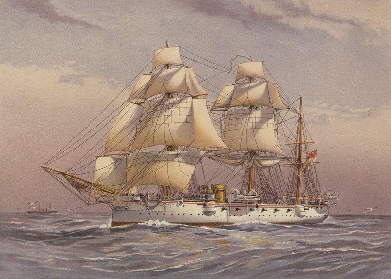 HMSカリオペ、3等巡洋艦（カラーリトグラフ） 作： 英語学校