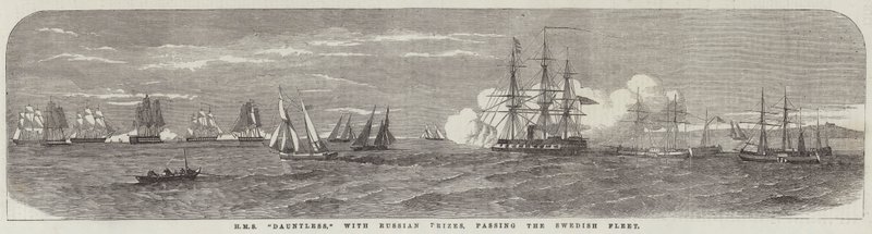 ロシアの賞品を持ってスウェーデン艦隊を通過するHMS「ドーントレス」（版画 作： 英語学校